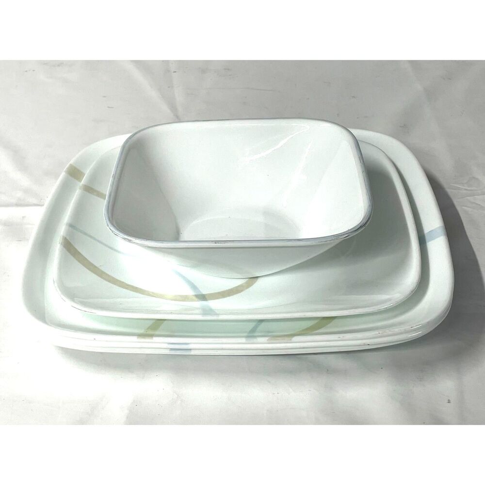 Corelle Vitrelle Square 5 Pc Dinnerware Set Plates Bowl Blue Gray Swirl